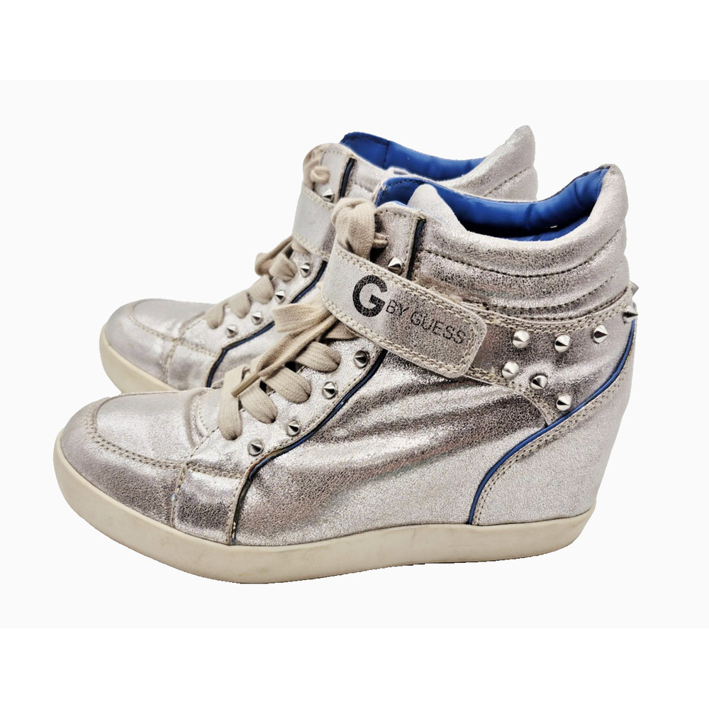G By Guess Sneaker Shoes High Top Women's Size 7.5 Silver Studded Strap & Lace